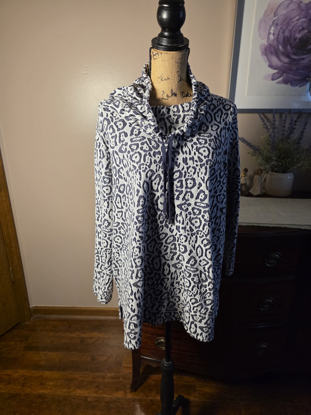 AnyBody Black and White Leopard Print Cowl Neck Tunic